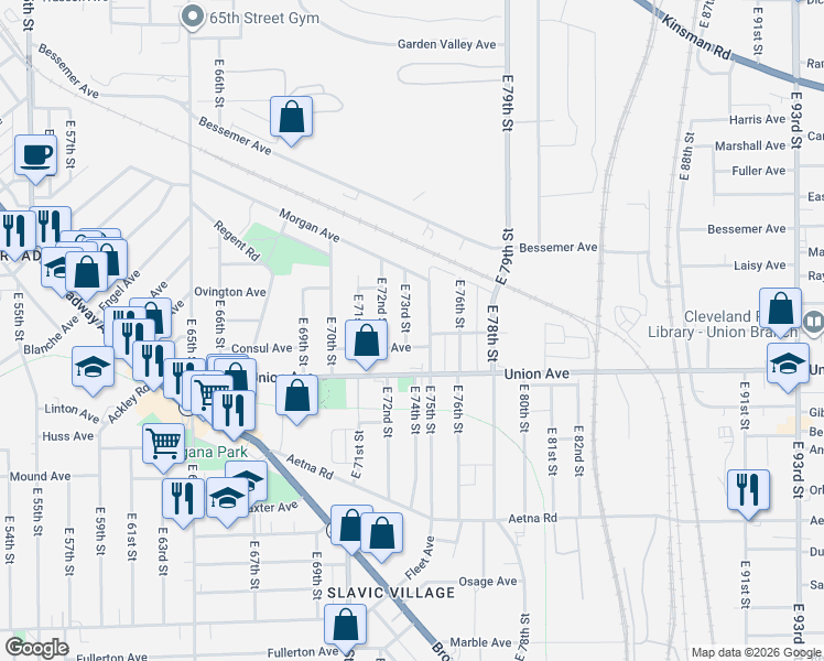 map of restaurants, bars, coffee shops, grocery stores, and more near 3454 East 75th Street in Cleveland