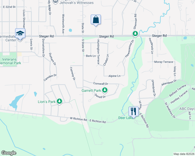 map of restaurants, bars, coffee shops, grocery stores, and more near 83 Cornwall Drive in Crete