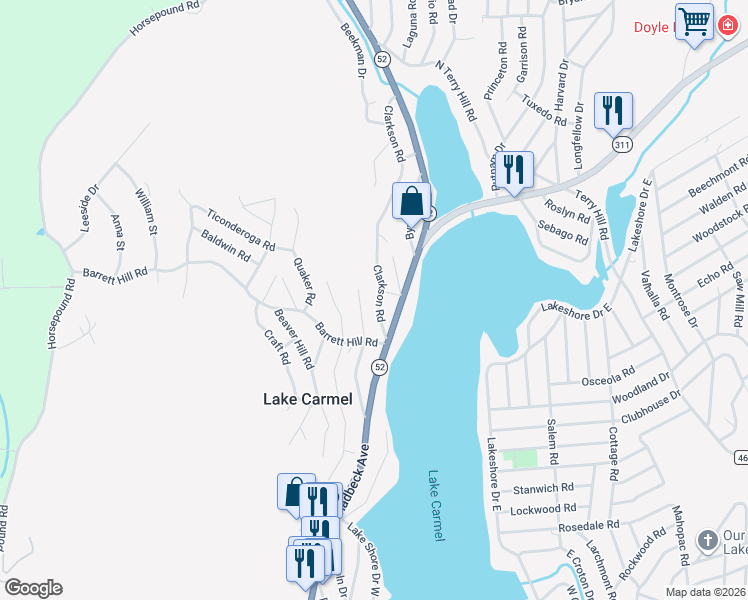 map of restaurants, bars, coffee shops, grocery stores, and more near 19 Clarkson Road in Carmel Hamlet