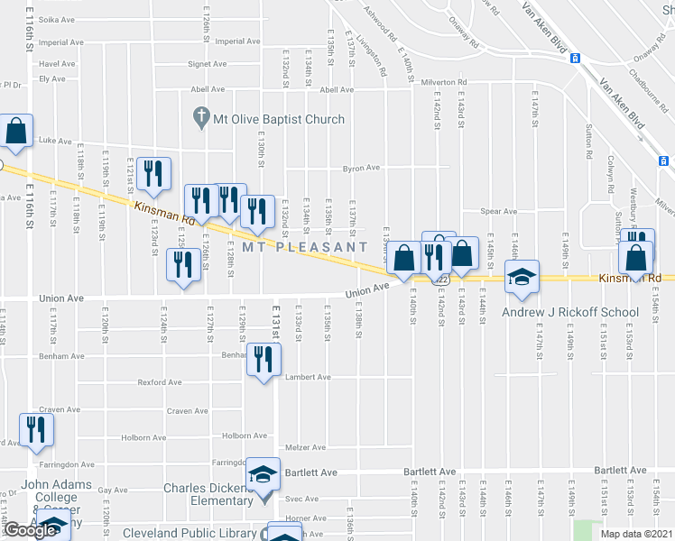 map of restaurants, bars, coffee shops, grocery stores, and more near 13512 Kinsman Road in Cleveland