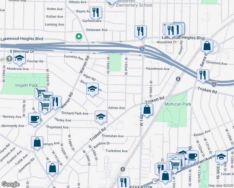 map of restaurants, bars, coffee shops, grocery stores, and more near 14301 Birchwood Avenue in Cleveland