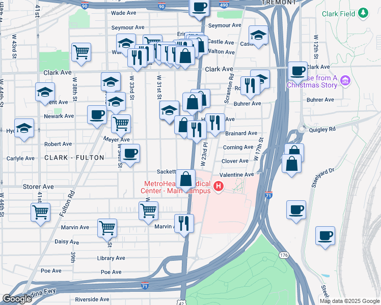map of restaurants, bars, coffee shops, grocery stores, and more near 3280 Ohio 3 in Cleveland