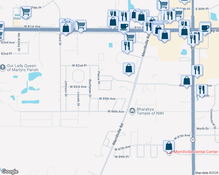 map of restaurants, bars, coffee shops, grocery stores, and more near 1206 West 84th Place in Merrillville