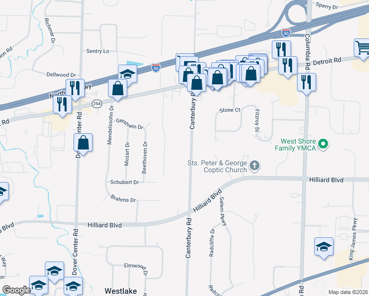 map of restaurants, bars, coffee shops, grocery stores, and more near 1568 Canterbury Road in Westlake