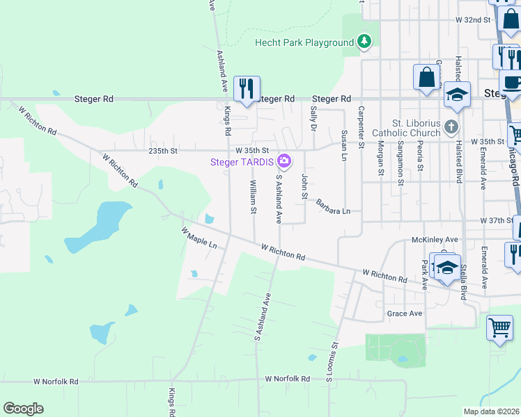 map of restaurants, bars, coffee shops, grocery stores, and more near 3533 William Street in Steger