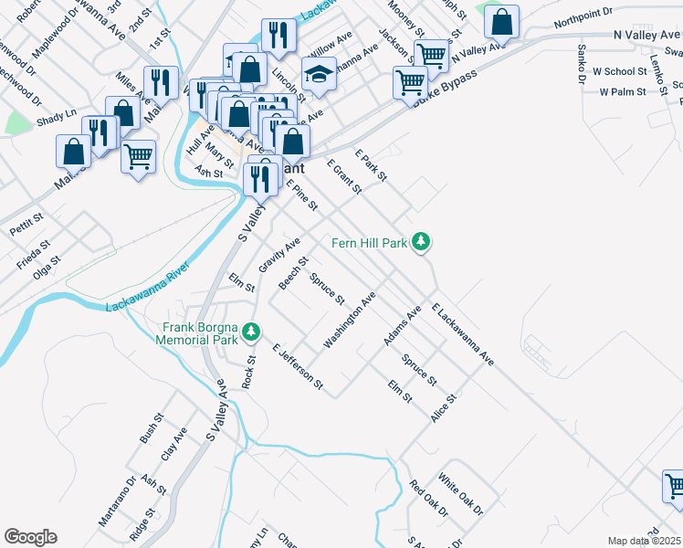 map of restaurants, bars, coffee shops, grocery stores, and more near 623 E Scott St in Olyphant