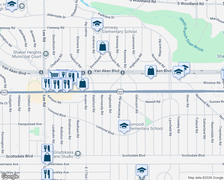 map of restaurants, bars, coffee shops, grocery stores, and more near 17707 Chagrin Boulevard in Shaker Heights