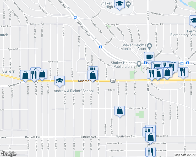 map of restaurants, bars, coffee shops, grocery stores, and more near in Cleveland