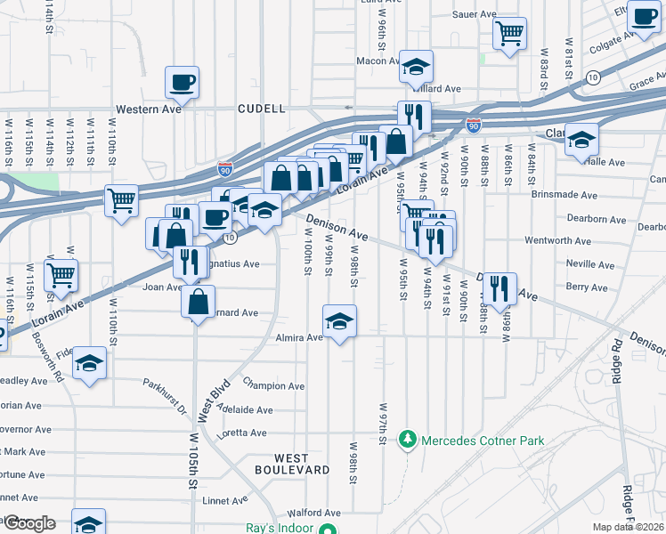 map of restaurants, bars, coffee shops, grocery stores, and more near in Cleveland