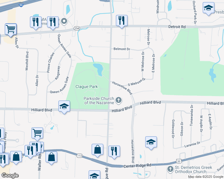 map of restaurants, bars, coffee shops, grocery stores, and more near 1555 Clague Road in Westlake