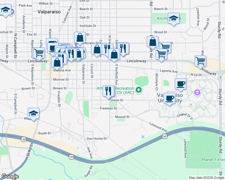 map of restaurants, bars, coffee shops, grocery stores, and more near 353 South Greenwich Street in Valparaiso