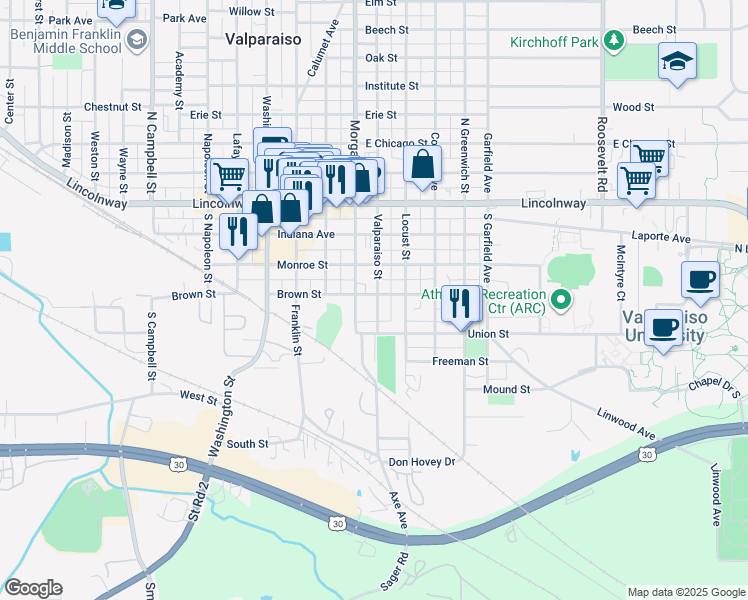map of restaurants, bars, coffee shops, grocery stores, and more near 353 Morgan Boulevard in Valparaiso