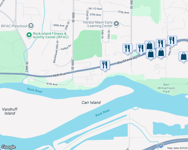 map of restaurants, bars, coffee shops, grocery stores, and more near 3351 Serenity Place in Rock Island