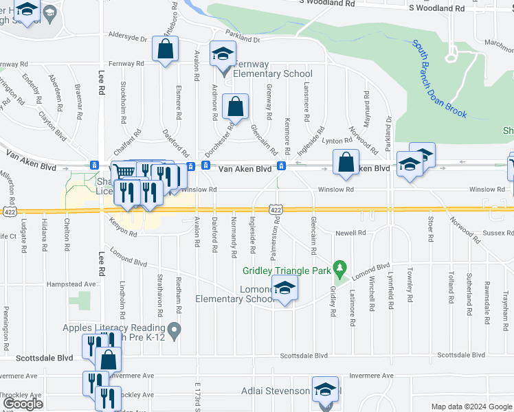 map of restaurants, bars, coffee shops, grocery stores, and more near 17707 Chagrin Boulevard in Shaker Heights