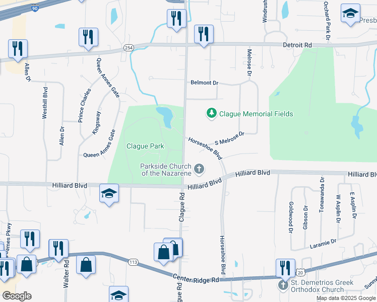 map of restaurants, bars, coffee shops, grocery stores, and more near 1555 Clague Road in Westlake