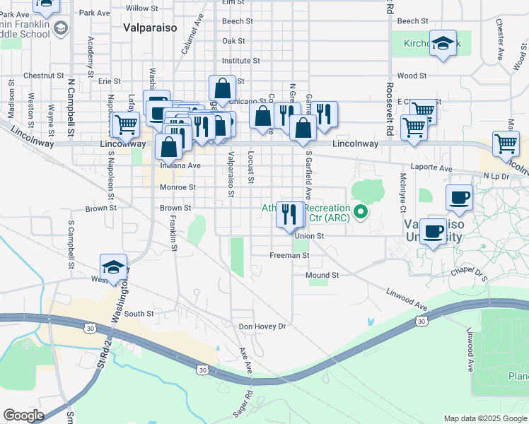 map of restaurants, bars, coffee shops, grocery stores, and more near 352-356 College Avenue in Valparaiso