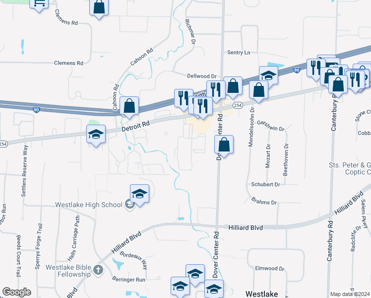 map of restaurants, bars, coffee shops, grocery stores, and more near 27417 Detroit Road in Westlake