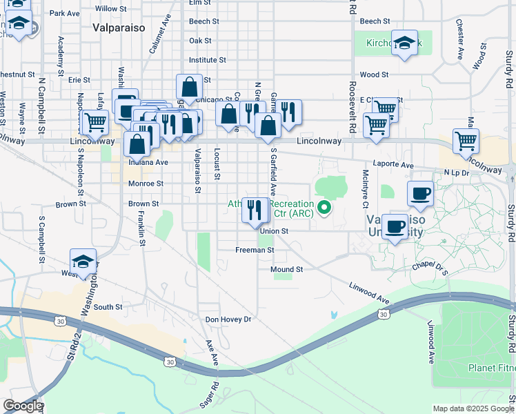 map of restaurants, bars, coffee shops, grocery stores, and more near 357 Greenwich Street in Valparaiso