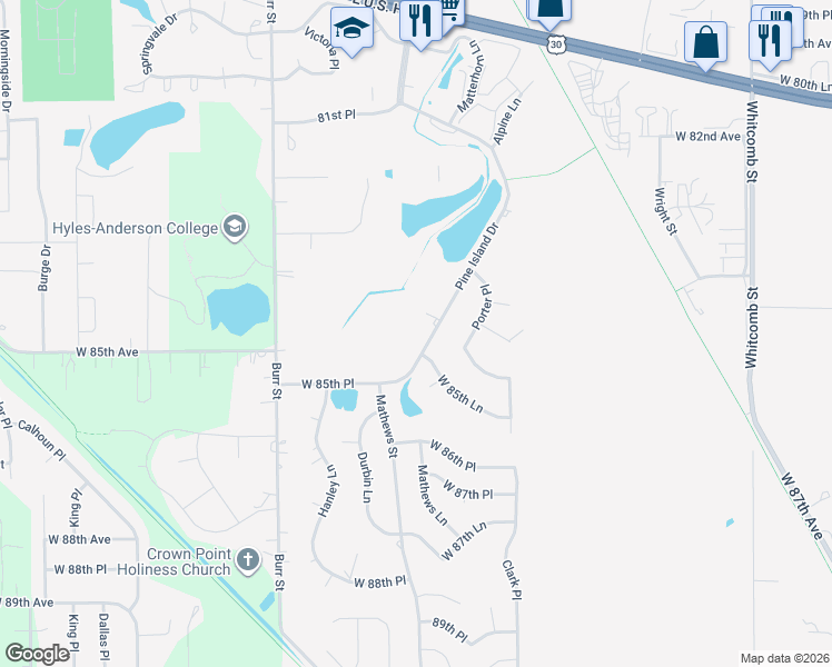 map of restaurants, bars, coffee shops, grocery stores, and more near 8498 Pine Island Dr in Crown Point