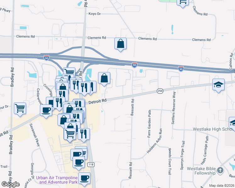 map of restaurants, bars, coffee shops, grocery stores, and more near 29424 Detroit Road in Westlake