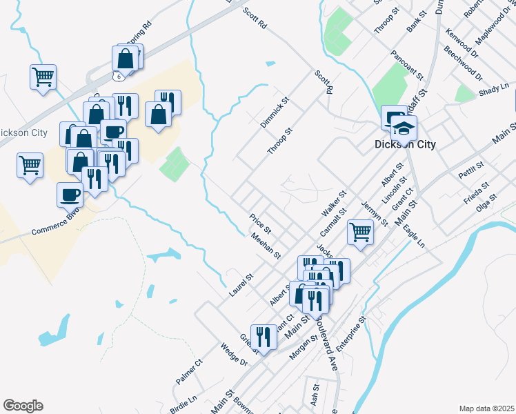 map of restaurants, bars, coffee shops, grocery stores, and more near 832 Brook Street in Dickson City