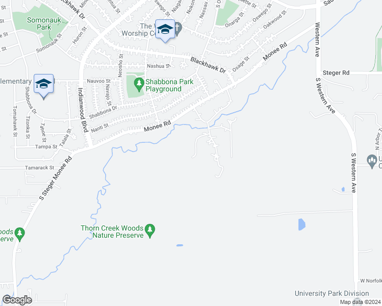 map of restaurants, bars, coffee shops, grocery stores, and more near 32 Braeburn Drive in Park Forest