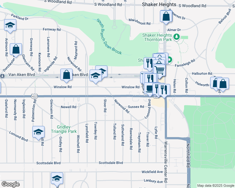 map of restaurants, bars, coffee shops, grocery stores, and more near 19413 U.S. 422 in Shaker Heights