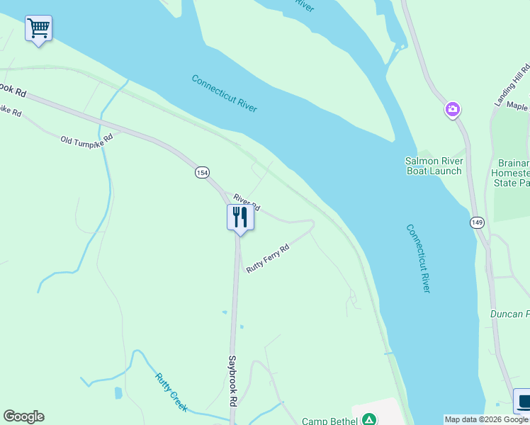 map of restaurants, bars, coffee shops, grocery stores, and more near River Road in Haddam