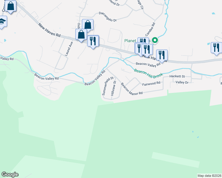 map of restaurants, bars, coffee shops, grocery stores, and more near 43 Hillview Street in Naugatuck