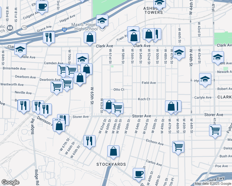 map of restaurants, bars, coffee shops, grocery stores, and more near 3288 West 58th Street in Cleveland