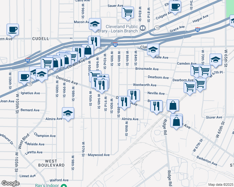 map of restaurants, bars, coffee shops, grocery stores, and more near 3272 West 88th Street in Cleveland