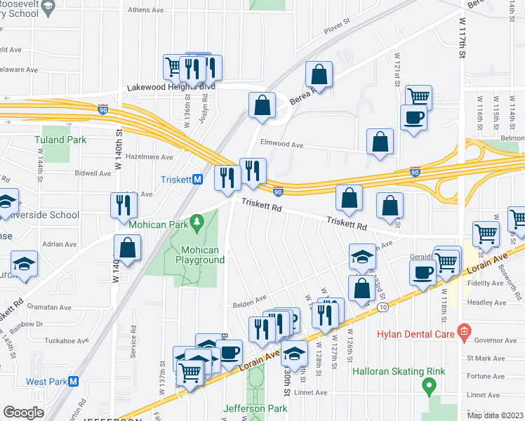 map of restaurants, bars, coffee shops, grocery stores, and more near 12927 Triskett Road in Cleveland