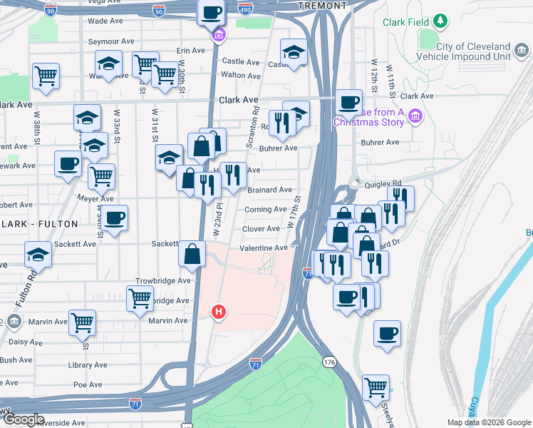 map of restaurants, bars, coffee shops, grocery stores, and more near 1816 Clover Avenue in Cleveland