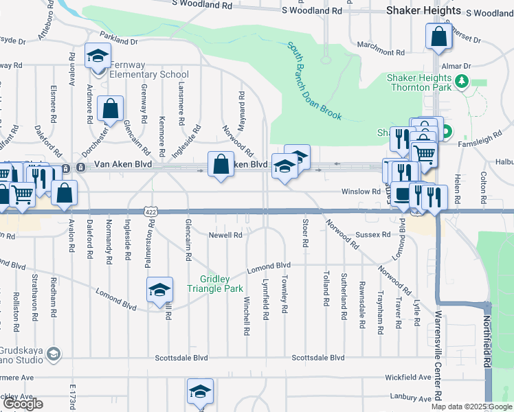 map of restaurants, bars, coffee shops, grocery stores, and more near in Shaker Heights