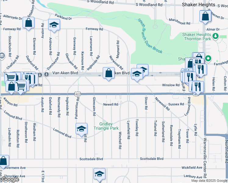map of restaurants, bars, coffee shops, grocery stores, and more near 18526 U.S. 422 in Shaker Heights