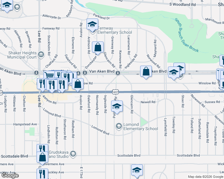 map of restaurants, bars, coffee shops, grocery stores, and more near 17707 Chagrin Boulevard in Shaker Heights