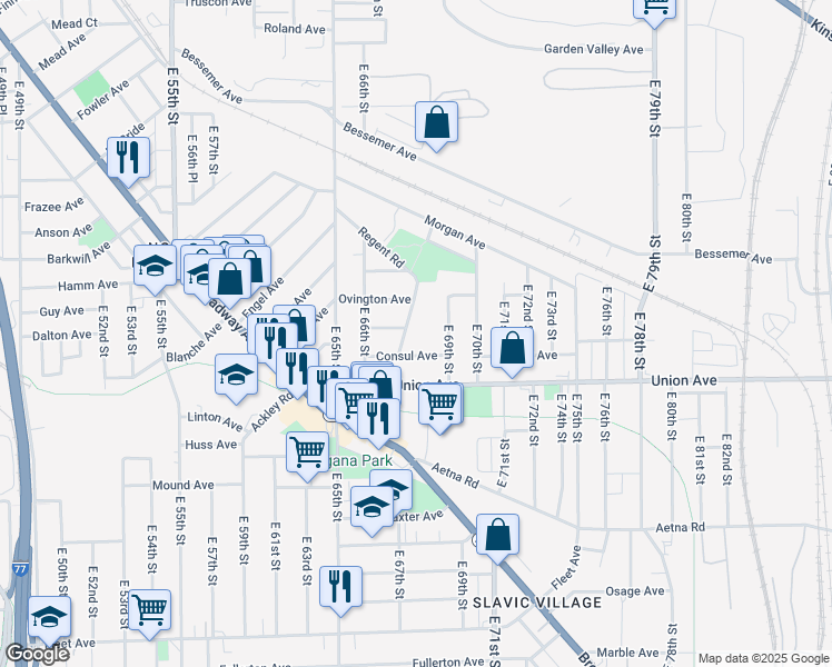 map of restaurants, bars, coffee shops, grocery stores, and more near 3455 Regent Road in Cleveland
