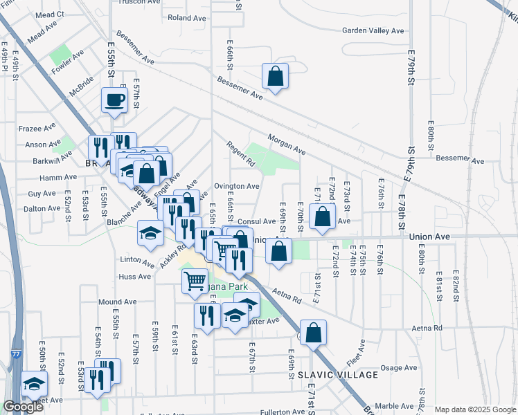map of restaurants, bars, coffee shops, grocery stores, and more near 3455 Regent Road in Cleveland