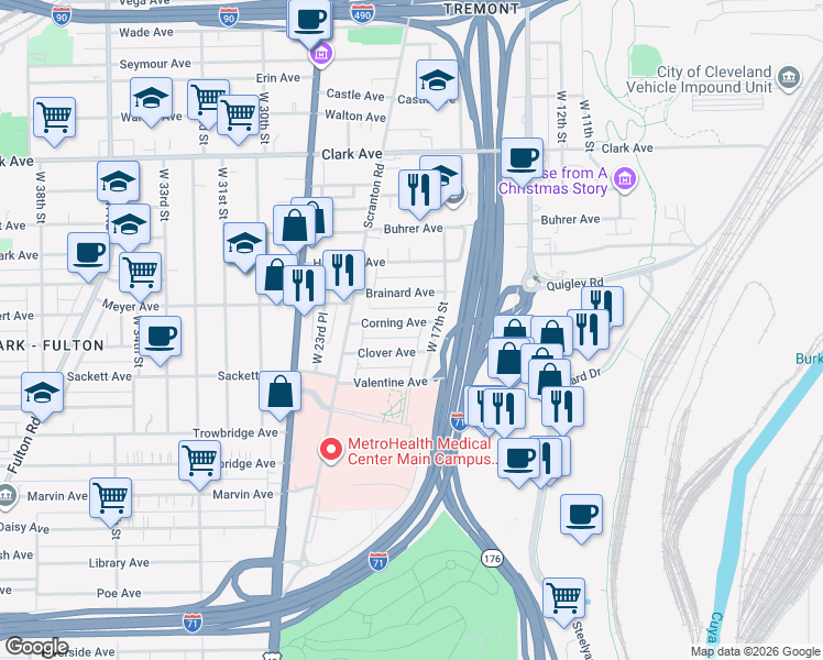 map of restaurants, bars, coffee shops, grocery stores, and more near 1816 Clover Avenue in Cleveland