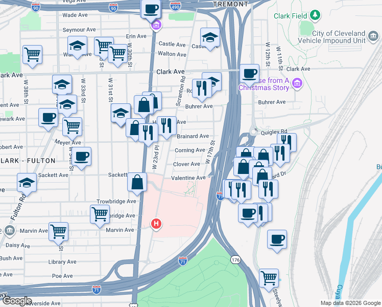 map of restaurants, bars, coffee shops, grocery stores, and more near 1816 Clover Avenue in Cleveland