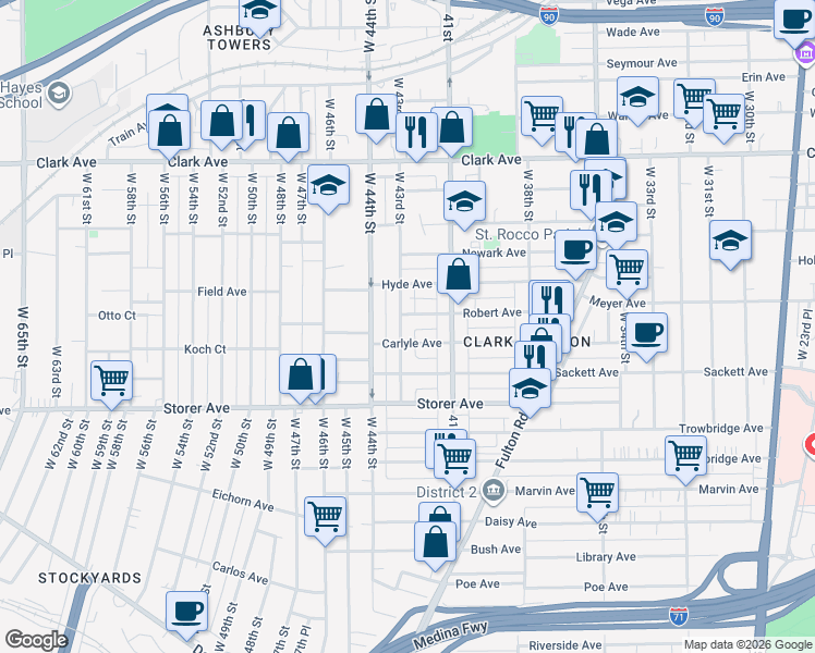 map of restaurants, bars, coffee shops, grocery stores, and more near 3288 West 43rd Street in Cleveland