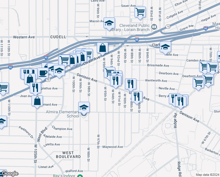 map of restaurants, bars, coffee shops, grocery stores, and more near in Cleveland