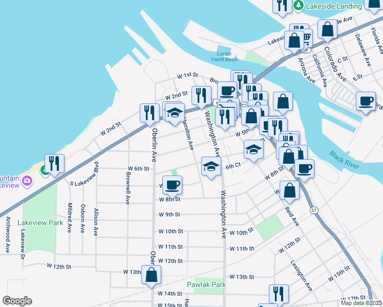 map of restaurants, bars, coffee shops, grocery stores, and more near 528 Hamilton Avenue in Lorain