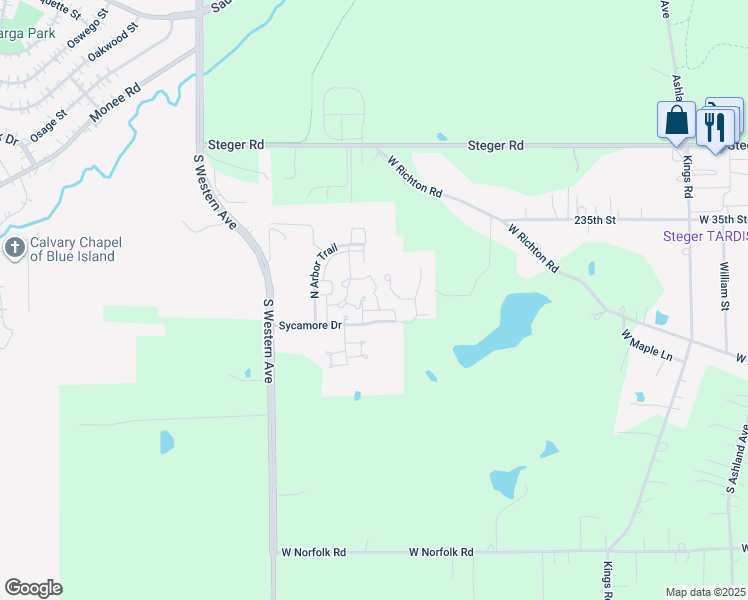 map of restaurants, bars, coffee shops, grocery stores, and more near 10 Abbey Lane in Park Forest