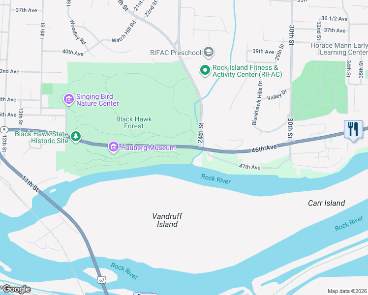 map of restaurants, bars, coffee shops, grocery stores, and more near in Rock Island