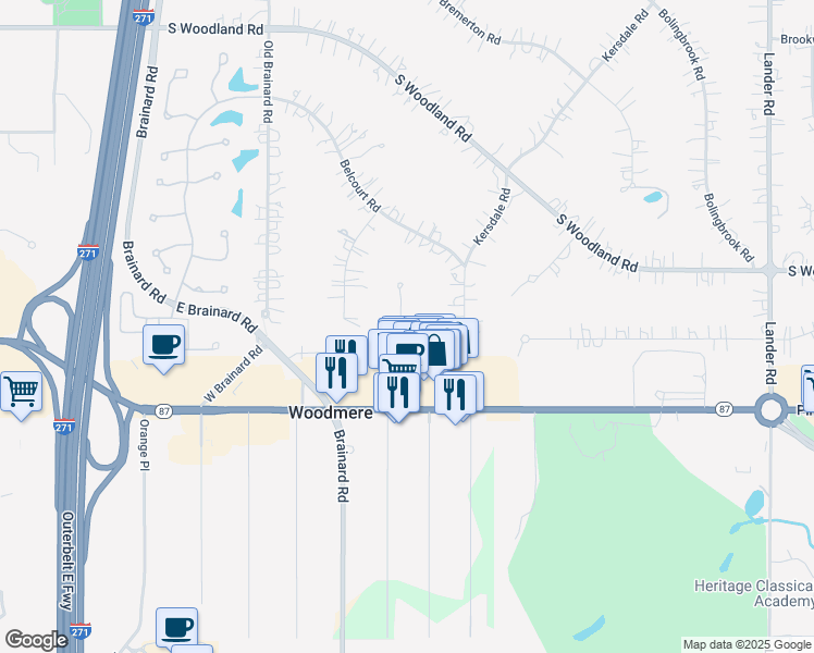 map of restaurants, bars, coffee shops, grocery stores, and more near 3479 Courtland Road in Beachwood
