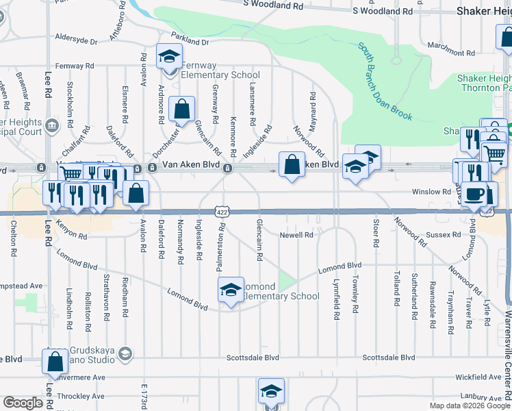 map of restaurants, bars, coffee shops, grocery stores, and more near in Shaker Heights
