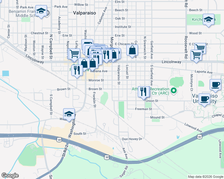 map of restaurants, bars, coffee shops, grocery stores, and more near 357 Morgan Boulevard in Valparaiso