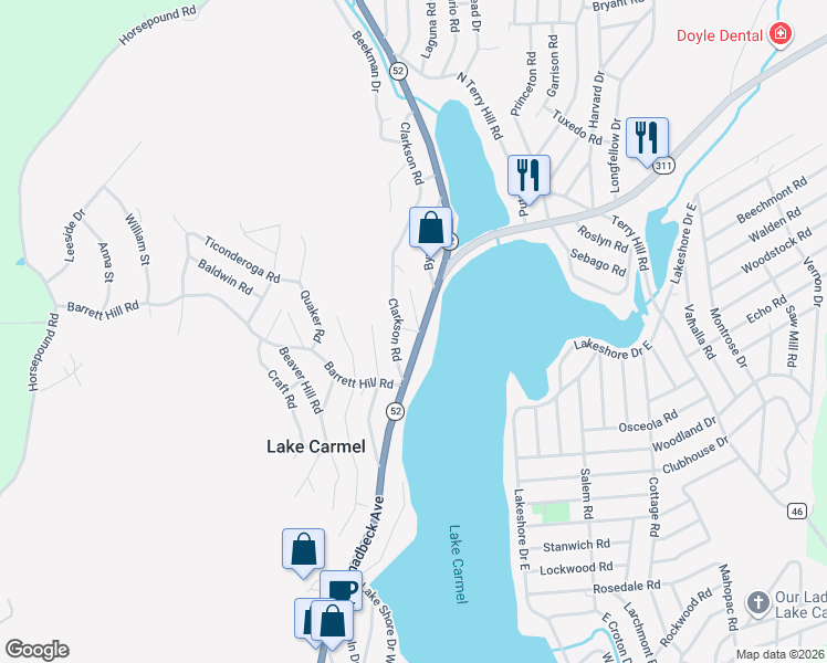 map of restaurants, bars, coffee shops, grocery stores, and more near 649 New York 52 in Carmel Hamlet