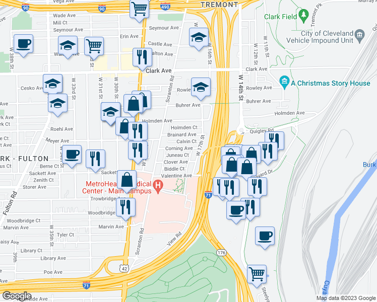 map of restaurants, bars, coffee shops, grocery stores, and more near 1807 Corning Avenue in Cleveland
